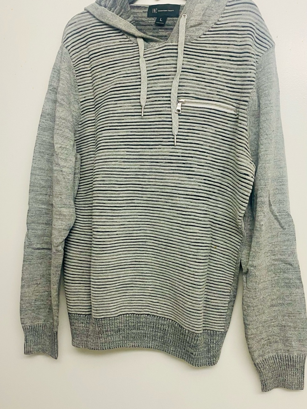 INC International Concepts Light Gray Striped Zip-Front Hooded Sweater